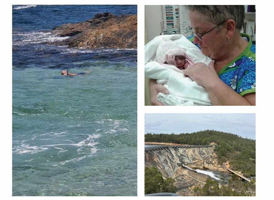 Deborah out snorkelling – not a bad ‘office view’; A baby girl born in a hurry. The mother named the baby after Ruth; Sue's photo of the dam wall at Collie, WA.