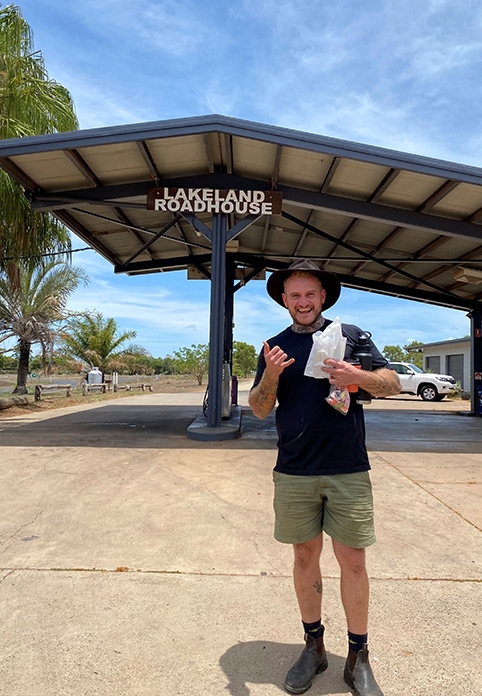 Dan stopping over for some refreshments at Lakelands en route to meet Traditional Owners. Dan says, “Just south of this location we attended a car roll-over on my first immersion with Red Earth where an elderly woman needed to  be extracted from her flipped-over vehicle and had to be medevaced out by helicopter. This situation was an example of people coming together in remote locations to achieve a common goal and help someone out in need”.