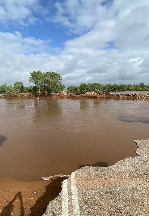 Image: DFES. Damaged road leading to Fitzroy Bridge, January 2023.