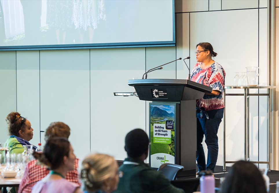 Person stood at lectern on stage speaking to audience