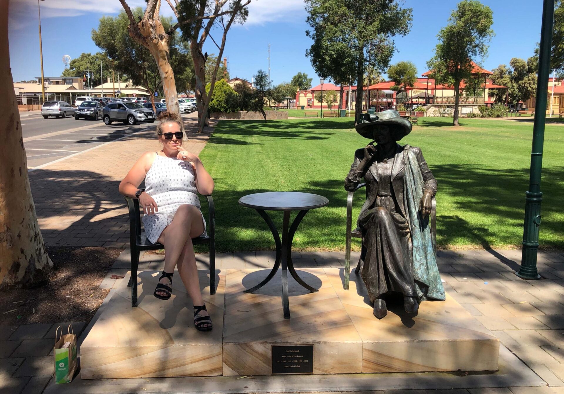 Kelly poses with statue of late Mayor Joy Baluch AM, Pt Augusta.
