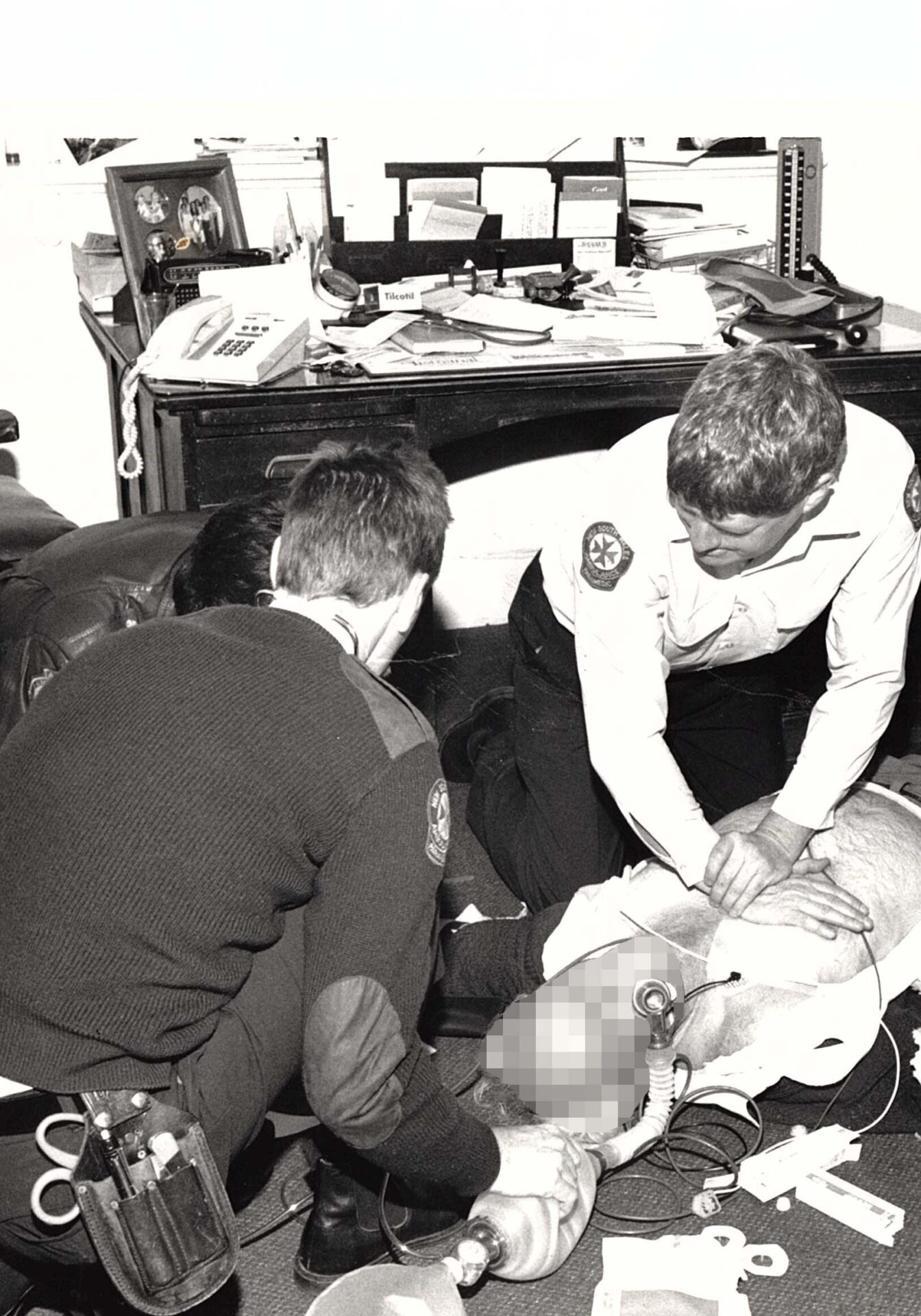 A photo taken by a news crew at a genuine cardiac arrest. The gentleman was resuscitated and lived for another five years.