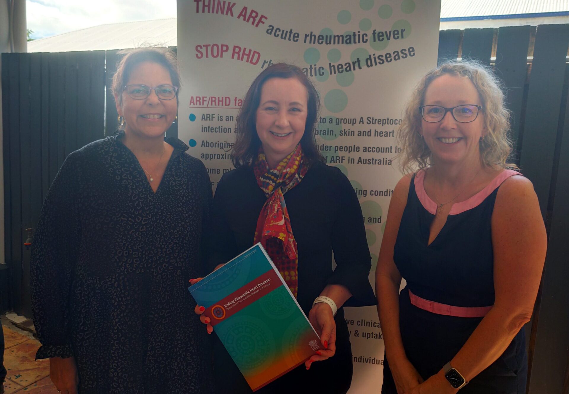 Dallas McKeown, Minister for Health & Ambulance Services Queensland Yvette D'ath, and Katherine Isbister at the launch of the 'Ending Rheumatic Heart Disease Queensland First Nations Strategy 2021-2024' in Cairns, April 2022.