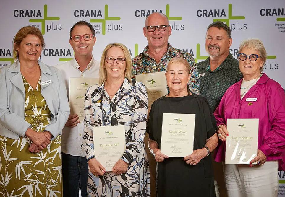 Five newly appointed Fellows of CRANAplus (left to right) CRANAplus CEO Linda Kensington; Josh Stafford; Katherine Neil; Mark Goodman; Lesley Woolf OAM; Board Chair John Wright; Heather Keighley.
