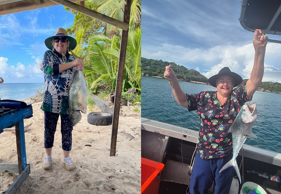 Sue and Robyn fishing - something they love to do in their spare time on contracts.