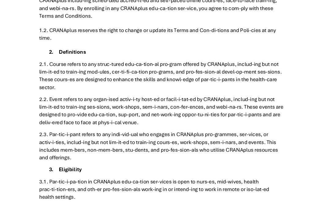 CRANAplus Education Services Terms and Conditions
