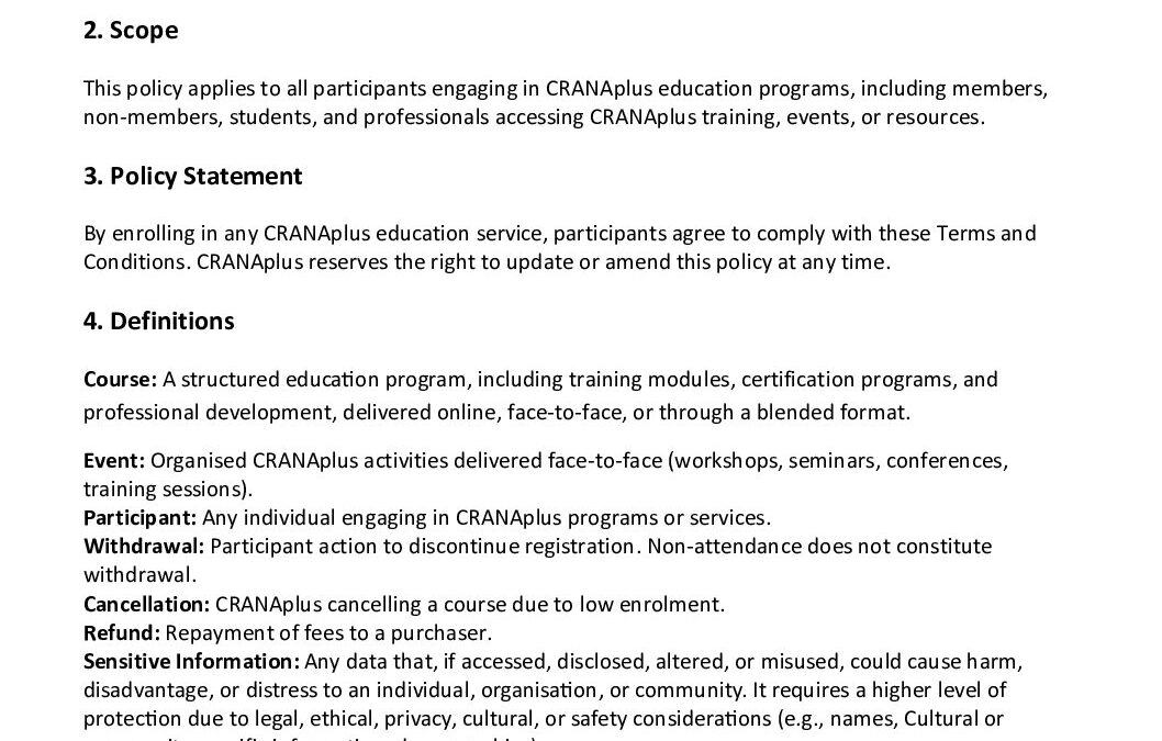 CRANAplus Education Services Terms and Conditions July 2026