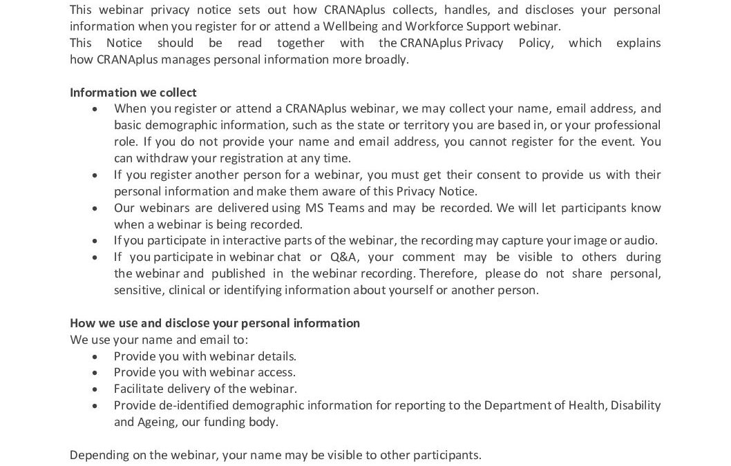 Wellbeing and Workforce Support Webinars Privacy Notice v1
