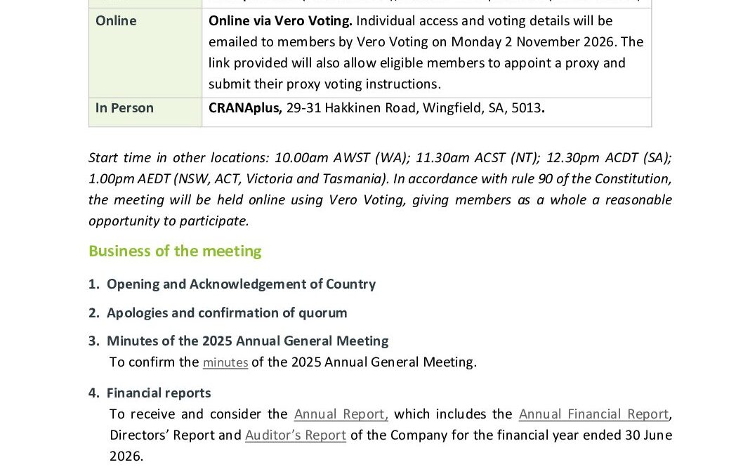 CRANAplus Notice of AGM 2026